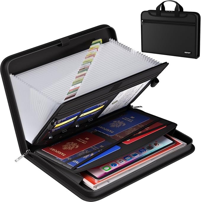 ENGPOW Accordion File Organizer,Fireproof Expanding File Folder with Multi Pockets,25 Pockets Document Organizer with Handle & Labels,Portable Home Travel Safe Storage for Letter A4 Files and More
