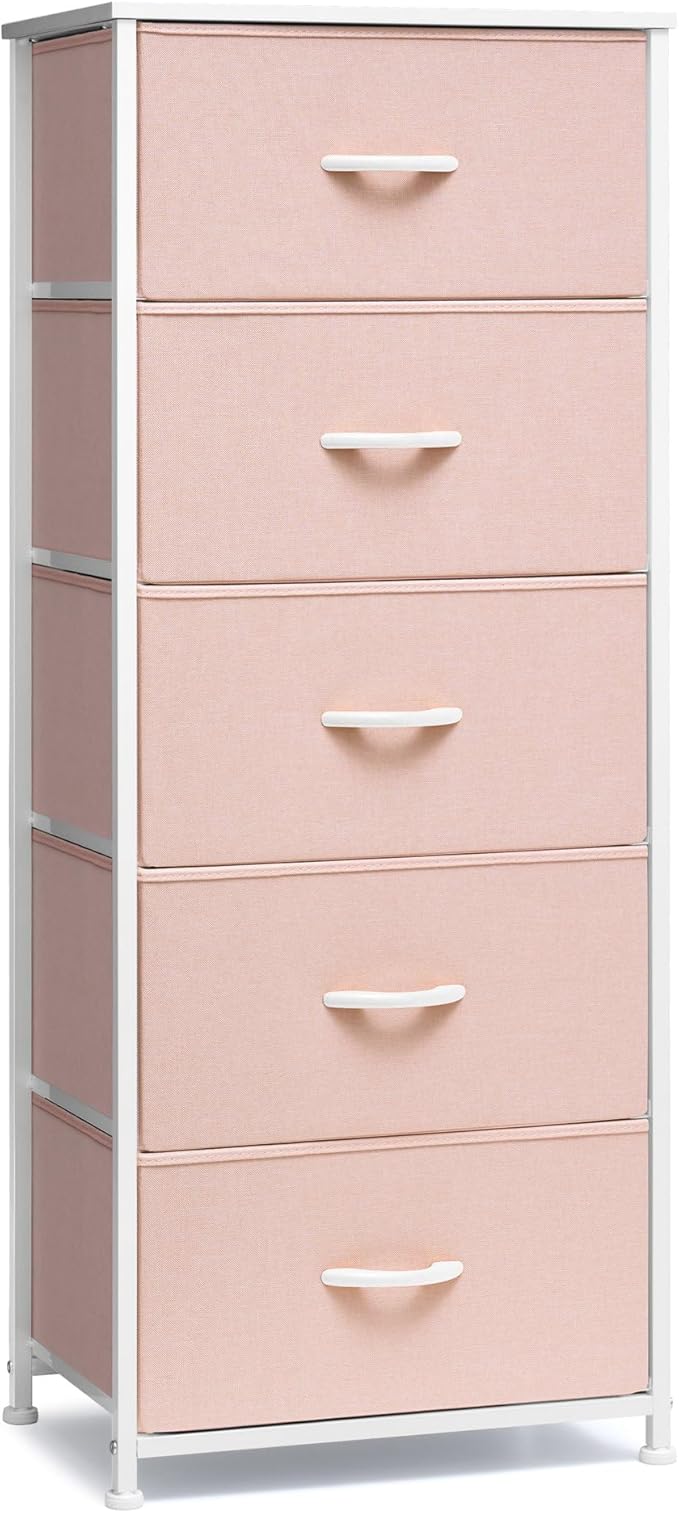 Crestlive Products Tall Dresser for Girls Bedroom, Chest of 5 Drawers, Fabric Storage Tower, Clothing Organizer for Bedroom, Hallway, Entryway, Closets, Nursery(Pink)