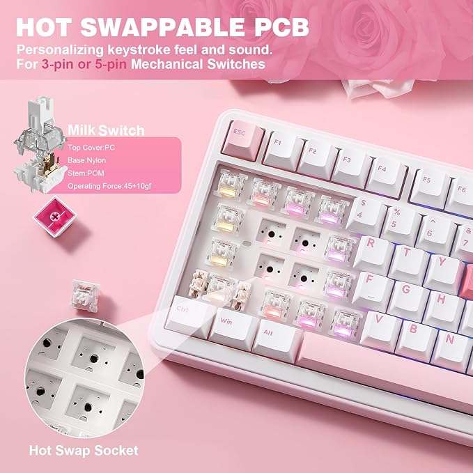 YUNZII B75 PRO Wireless Mechanical Keyboard,75% Layout with Knob,Hot Swap Gasket Structure,Creamy Pre-lubed Switches,RGB Backlit,Bluetooth/Type-C/2.4G for Win/Mac (White, Milk Switch)