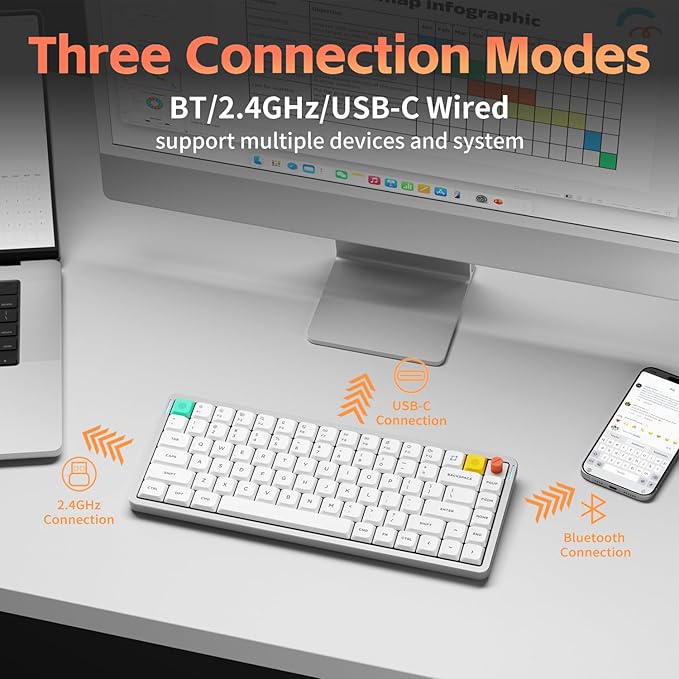 nuphy Air75 V3 Hot Swappable Wireless Mechanical Keyboard, 84 Keys 75% Custom Low Profile Keyboard with Knob, RGB Backlit, Gasket Mounted, Support Bluetooth/2.4GHz/USB-C,White-Brown Nano