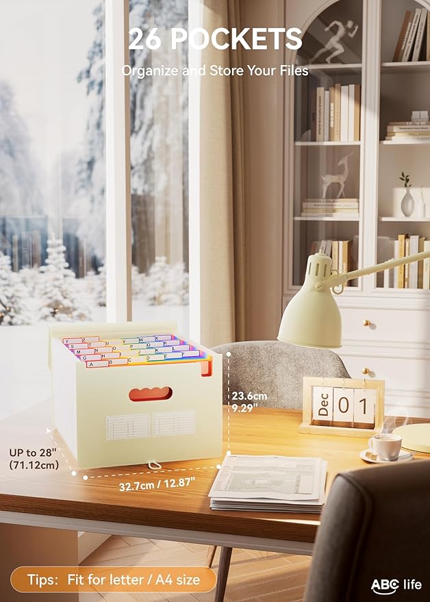 ABC life 26 Pockets Accordion File Organizer, Expanding File Folder, Portable Monthly Paper Bill Tax Receipt Organizer, Letter A4 Size Document Organizer with Blank Labels - Beige Color