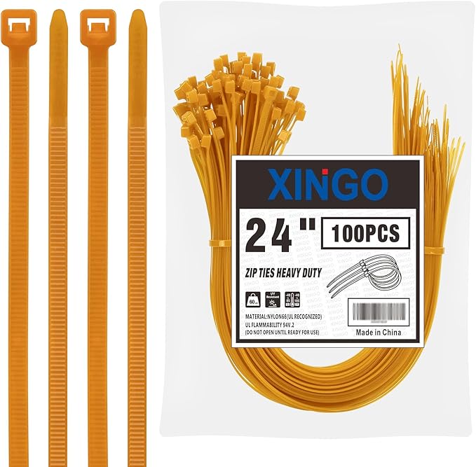 XINGO 24 inch Gold Zip Ties Heavy Duty (100 Pack), 60lb Tensile Strength, UV Resistant Cable Ties for indoor and outdoor use