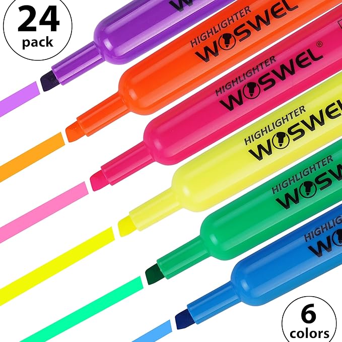 WOSWEL Highlighters Bulk, 24 Pack Tank Style Highlighters Assorted Fluorescent Colors Set, 6 Bright Colors Chisel Tip Highlighter Markers for Kid and Adult Coloring, Highlighting as School Supplies