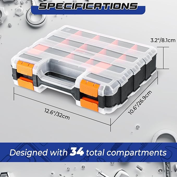 NATGAI 2 Pack Small Parts Organizers, 34-Compartments Double-Sided Tool Box with Removable Dividers for Hardware, Screws, Bolts, Nails & Fishing Accessories, Durable Plastic Storage Case (Orange)