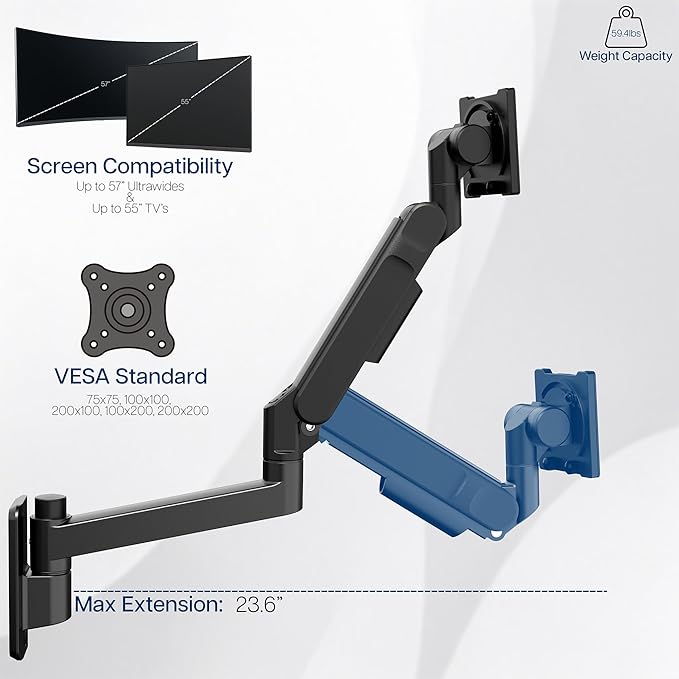 VIVO Ultrawide Monitor Wall Mount for up to 57 inch Screens, Holds 59.4 lbs, TV and Monitor Arm Designed for Samsung Odyssey Ark, Neo G9, ViewFinity S9, and More, Black, MOUNT-G57
