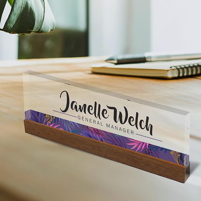 Artblox Personalized Office Desk Name Plate and Business Card Holder | Clear Acrylic Glass with Teak Wood Stand | Purple Stripe Design Customized with Your Name and Credentials Office Desk Décor