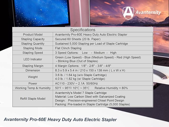 Avanternity's Pro-60E Heavy Duty Auto Electric Stapler (Value Kit + Extra 2 Staple Cartridge Packs) - Secured 60 Sheet Capacity, Includes 50,000 Staples