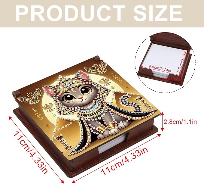 Wooden DIY Egyptian Cat Diamond Art Notecard Box – DIY Gem Art Sticky Note Holder for Adults 160 Sheets Memo Pad Storage
