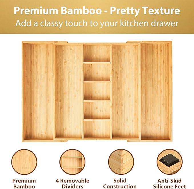 Umilife Extra Large Expandable Kitchen Drawer Organizer for Utensil and Junk, 19" Deep for Big Drawer, 17" to 28" Adjustable Bamboo Wood Drawer Divider, Cutlery Tray, Flatware Holder