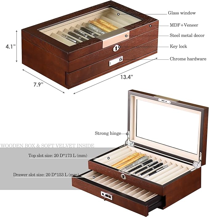 Wood Pen Organizer Box 24 Slot Fountain Pen Display Case with Drawer, Top Glass Window and Lockable Pen Collection Storage Box for Men Gift (24 Slots - Brown w Cream Velvet)