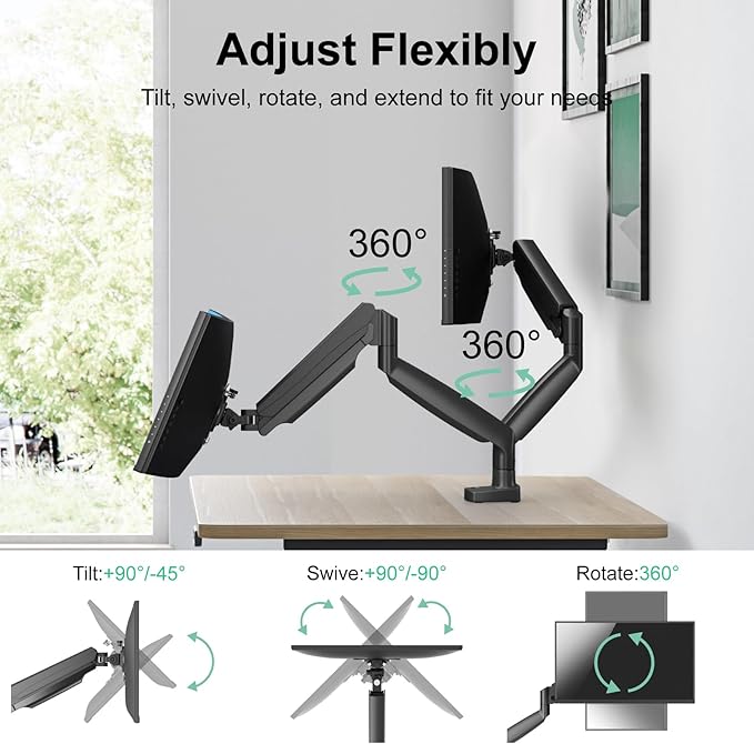 Dual Ultrawide Monitor Mount for 22-35 inch Computer Screens, 2 Monitor Arm Stand with Gas Spring System Each Holds up to 30.8lbs, Full Motion Height Adjustable, VESA 75x75/100x100mm
