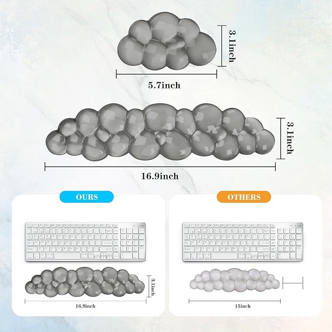 Gel Cloud Keyboard and Mouse Wrist Rest, Cute Wrist Support and Arm Support Keyboard Rest for Keyboard and Mouse Typing Pain Relief，Suitable for Office/Computer/Laptop/Gaming (Gray)