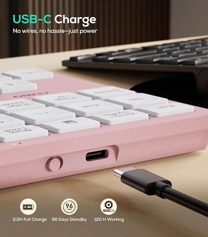 Nulea Wireless Number Pad Bluetooth 5.0 & 2.4G Portable Numeric Keyboard, USB-C Rechargeable, 34-Keys Bluetooth Keyboard for Data Entry (Pink)