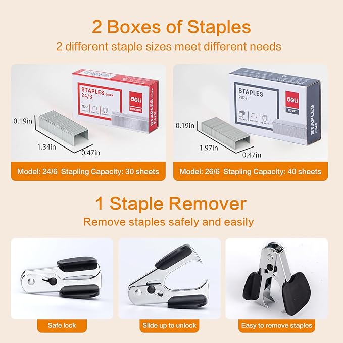 Deli Stapler, Effortless Staplers for Desk, 40 Sheet Capacity Heavy Duty, One Touch, No Effort, Easy to Load,with 2000 Staples & Staple Remover, Good for Office, Home Use, Black