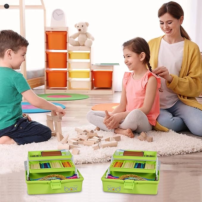 12in 3-Layer Plastic Craft Organizers and Storage, Portable Folding Tackle Box with Handle & Adjustable Dividers, Multipurpose Case for Sewing, Art Supplies, Medicine, Tools (Green)