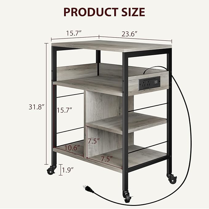 GarveeLife Printer Stand with Power Outlets, 4-Tier Rolling Printer Table with Lockable Wheels, Heavy Duty Printer Cart with Storage, Utility Storage Cart for Home, Office, Gray