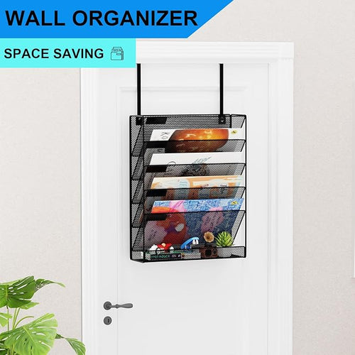 6-Tier Hanging File Organizer Office Cubicle Accessories for Work Organizer Wall Mount File Holder for Mails Folders Papers Magazine Organization, Black