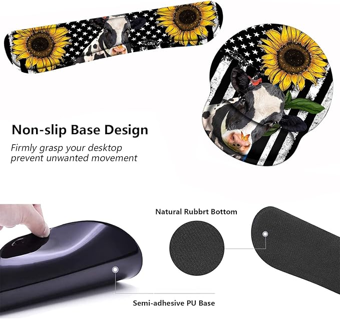 Keyboard Wrist Rest and Mouse Pad Wrist Support Set with Coasters, Ergonomic Gaming Mousepad for Home Office Working Studying Easy Typing & Pain Relief, American Flag Sunflower and Cow