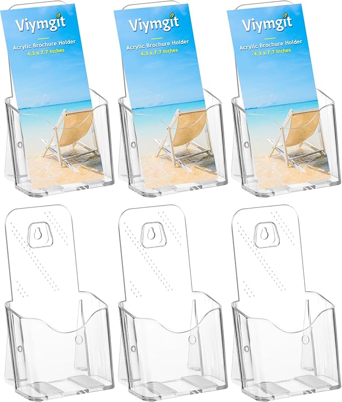 Brochure Holder Stand, 6 Pack 4 inches Acrylic Pamphlet Display Stand Wall Mount/Countertop, Clear Plastic Trifold Rack Card Holder for Organizer Flyer, Leaflets, Document, Literature