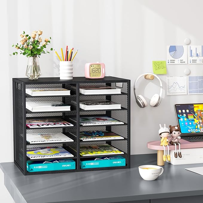 PAG Desktop Mail Sorter Industrial Countertop Heavy Duty Literature Organizer Bill Paper Holder Rack Student Mailbox for Classroom 12 Compartments Filing Cabinet for Office Home School, Black