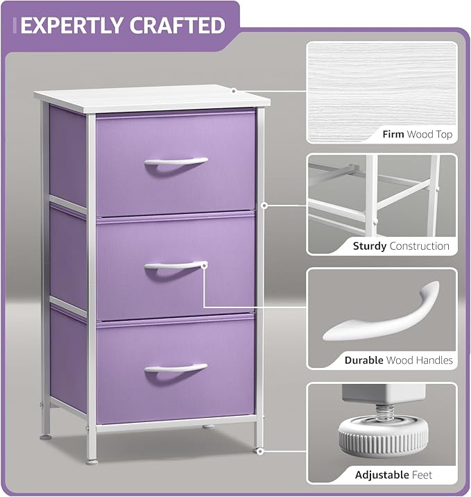 Sorbus Nightstand with 3 Drawers - Bedside Furniture & Accent End Table Chest for Home, Bedroom Accessories, Office, College Dorm, Steel Frame, Wood Top, Pastel Fabric Bins (Purple)