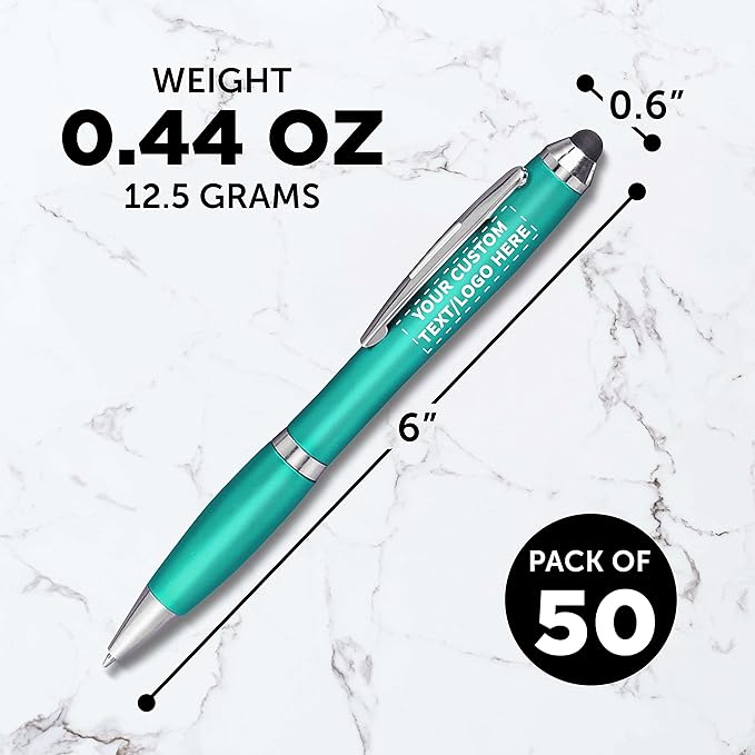 DISCOUNT PROMOS Custom Plastic Stylus Pens Set of 50, Personalized Bulk Pack - Black Ink, Great for Office, School, Business, Tradeshows, Events - Teal