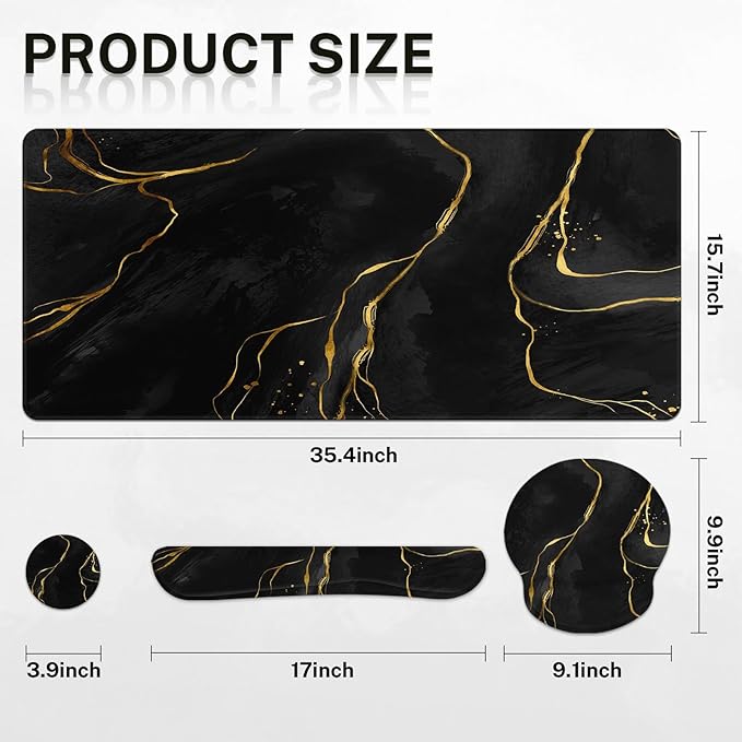 Britimes Black Gold Marble Keyboard Mouse Pad Set 4in1 Large Mousepad+Keyboard Wrist Rest+Mouse Wrist Rest+Coaster Ergonomic Design for Home Office Computer 35.4x15.7 inches