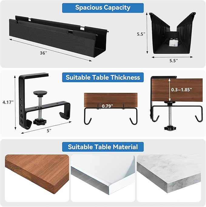 SHUWEI 36" Under Desk Cable Management Tray, Premium Fabric Cable Management for Desk, Clamp/Screw Mount Cable Tray for Office and Home (Black, 36" L)