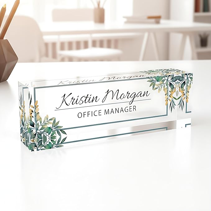 Desk Name Plate for Women, Personalized Plaque, Yellow Floral Name for Desk, Clear Acrylic Name Plate