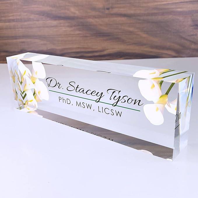 Artblox Office Desk Name Plate Personalized | Custom Name Plates for Desks | Calla Flowers Design On Clear Acrylic Glass | Office Desk Decor - (8" x 2.5")