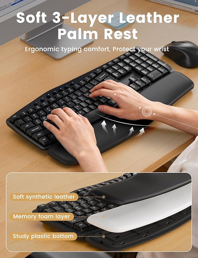 Ergonomic Wireless Keyboard and Mouse Combo, 30dB Quiet Full Size Keyboard Set with Wave Keys & Soft Palm Rest, Dual-System Switch for Windows/Mac, Ideal for Business Teams Home Office—Sablute