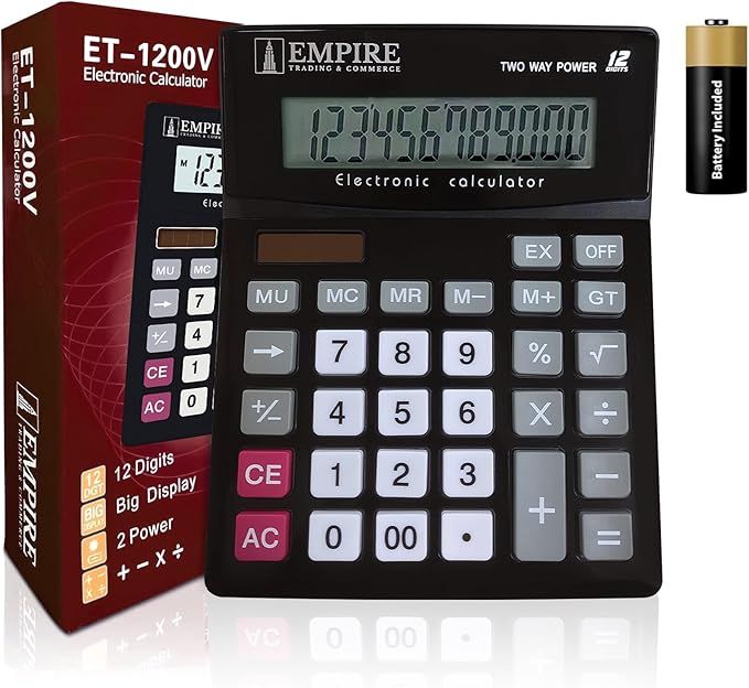Empire Desk Calculator with Large Key Buttons, 12-Digit Large Eye-Angled Display, Solar & Battery Powered - Basic Calculator for Students, Home and Office Use (Battery Included)