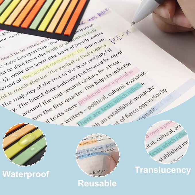 Potanro Sticky Tabs 2300 Pcs Translucent 10 Sheets Highlighter Book Tape Long Highlighting Sticky Tabs for Annotating Books, Aesthetic Office Suppliesbook for Annotating Books