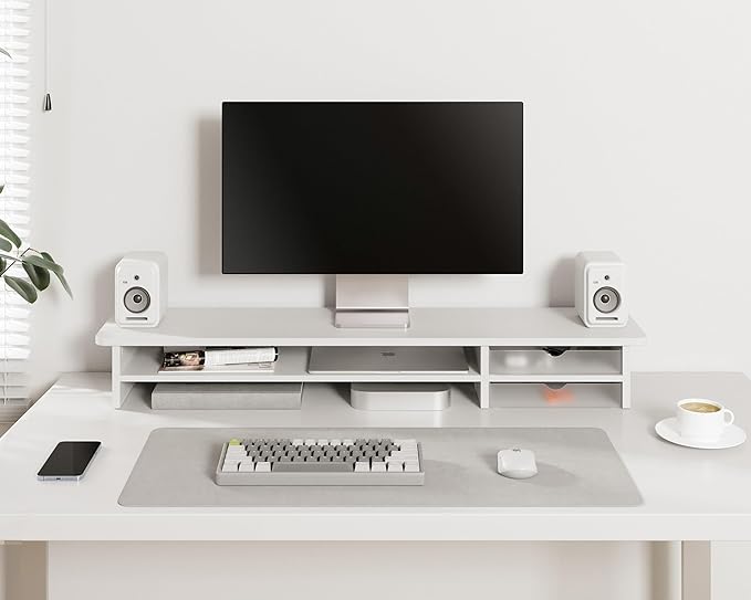 Fenge Monitor Stand, Dual Monitor Riser, 42.5inch Large Desk Computer Monitor Stand Riser with Drawer, 2 Tier Wood & Acrylic Desktop Organizer for Computer, Laptop, Printer, TV Screen Riser