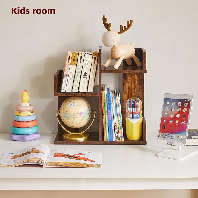 Book Display Shelf Small Desk Organizer, Desk Top Storage Organizer, Cookbook Storage Kitchen Counter Shelf, Tabletop Plant Shelf Stand Rustic Brown YD-DSR002H