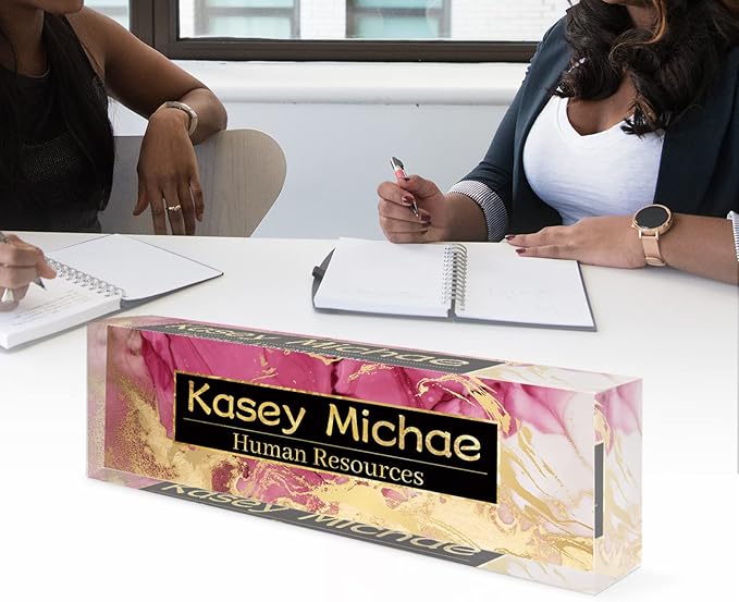 SalaGraphics Desk Name Plate Personalized, Custom for Desk, Office Decor Women Men, Acrylic Accessories, Gifts Coworkers Boss Teacher, Employee Appreciation (Red/Gold) 8”(L)x2.5(W)