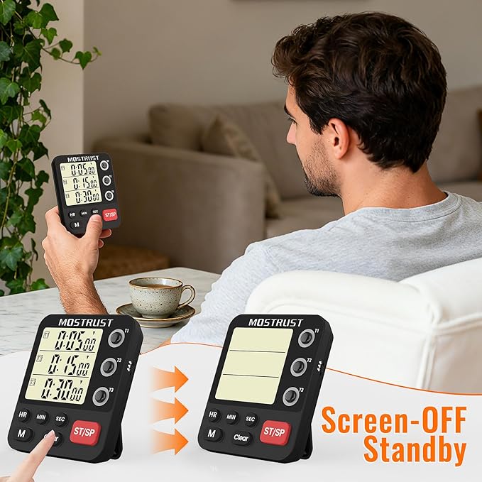 Digital Dual Kitchen Timer, 3 Channels Triple Countdown Timer for Cooking, Magnetic Memory-Preset Large Display Adjustable Volume, Multi Time Management, 3A Battery Included, Black