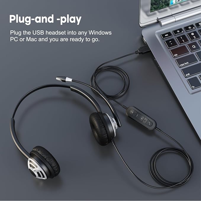 MKJ USB Office Headset with Microphone Noise Canceling - Computer Headphones for Call Center & Business, Work with PC, Laptop, Zoom Meetings, Ms Teams, Webex, Webinar, UC Platforms, Virtual Learning