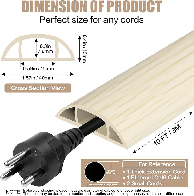 Floor Cord Cover Self Adhesive Cord Hider,10FT Cable Management, Extension Strip Protector for Wires, Prevent Cable Trips for Offices, Gyms, Exhibitions Cavity:0.51"(W) x 0.3"(H) Yellow Wood