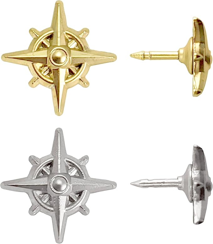 Compass Push Pins - Silver Metal Compass Rose Pins - for Cork Board, Maps, or Lapel Pin Use - Designed in USA - Set of 10