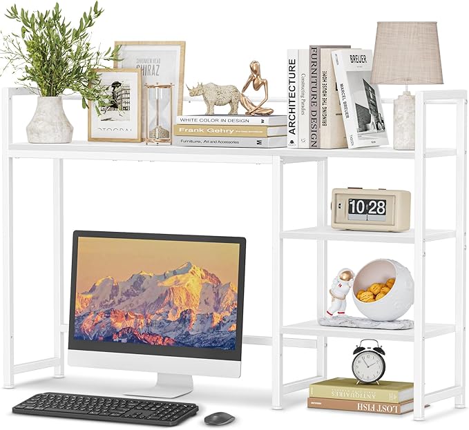 Snughome Desk Shelf, 44.9" Large Desktop Organizer Shelf, Desk Hutch for Monitor, 4 Tier Display Rack, Wooden Desktop Bookshelf Storage Rack for Home Office Dorm