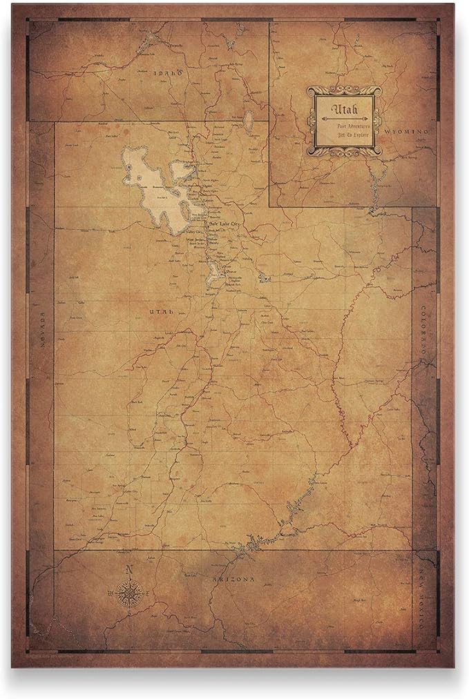 Conquest Maps Push Pin Utah Map Board - With Push Pins to Mark Utah Travels - Handmade in Ohio, USA - Design: Golden Aged