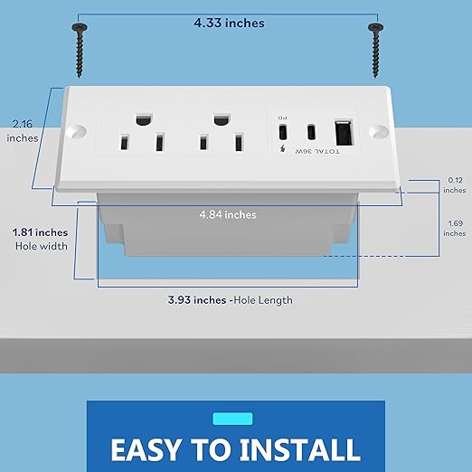 LIDER PD 36W Recessed Outlet Station with USB-A and USB-C Ports, Desktop Power Grommet, Power Delivery, Tamper-Resistant Receptacles, Power Strip for Desks and Cabinet, White, 6.5ft Cord, ETL Listed
