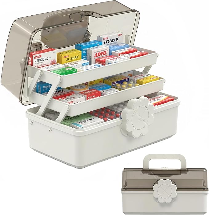 Pulseplay 3-Layer Large Capacity Medicine Storage Box - Portable Plastic Storage Box for Sewing Art Supply, Empty First Aid Kit with Handle for Home Office and Travel