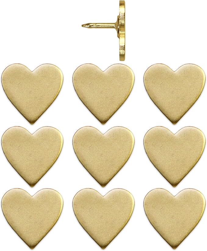 Big Gold Heart Push Pins - Large Gold Metal Heart Map Pins - for Cork Board, Maps, or Lapel Pin Use - Designed in USA - Set of 10