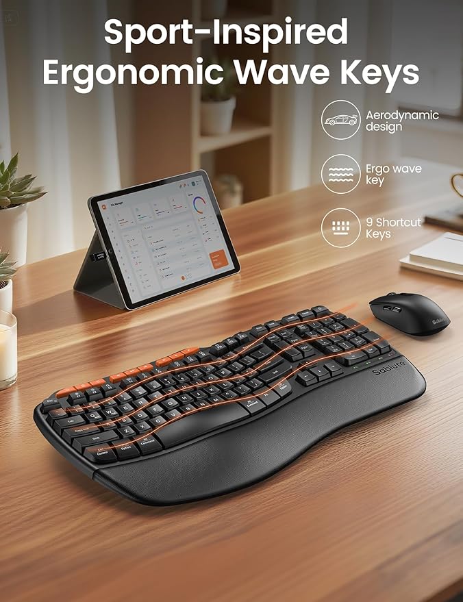 Ergonomic Wireless Keyboard and Mouse Combo, 2.4G Full Size Wave Key Board with Cushioned Palm Rest, Natural Typing, 3 DPI Adjustable Mouse, USB-A & C for Computer/Laptop/Mac/Tablet – Sablute