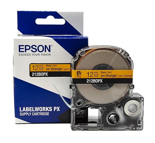 Epson LABELWORKS 212BOPX Genuine PET (Polyester) Tape Cartridge - Black on Orange Label Maker Tape - 1/2" (12MM) Wide, 30'