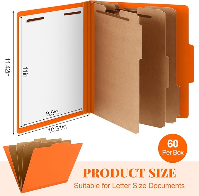 Skyygemm 60 Pcs Classification Folders Letter Size, 3 Divider Pressboard File Folder with Fasteners, Expanding File Organizer Bulk for Teachers, Clergy, Office, Church, Christmas Donations (Orange)