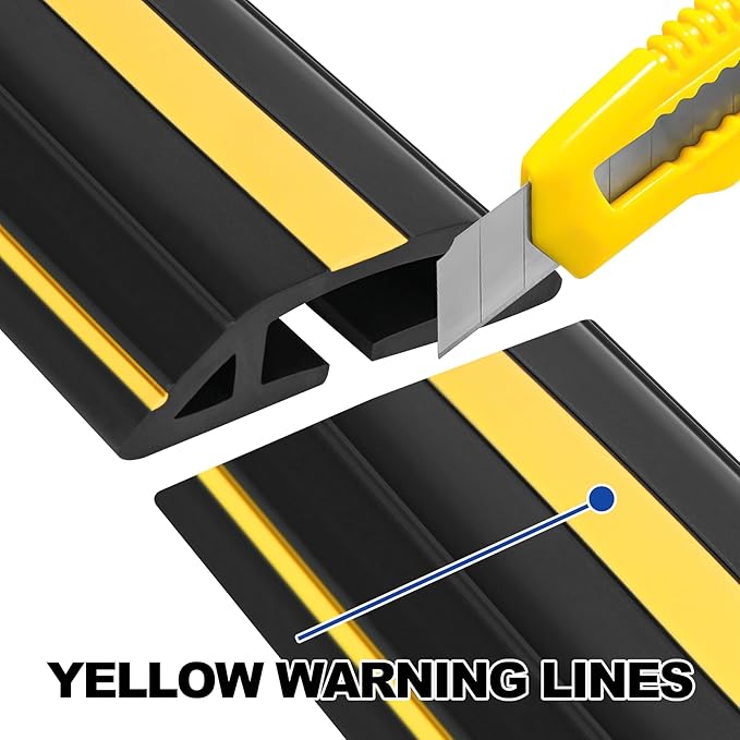 20Ft Cord Covers for Wires on Floor, 3-Channel Heavy Duty Floor Cord Cover with Anti-Slip Base & Yellow Warning Strips, Ideal for Home, Office, Outdoor Use(10Ft X 2 Rolls)