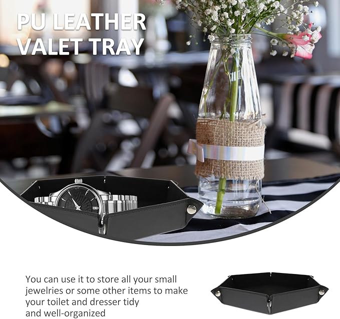 Uonlytech PU Leather Hexagonal Folding Tray Desk Organizer Catchall Storage Plate for Jewelry Watch Keys, Black Desktop Valet Tray for Home Office Use